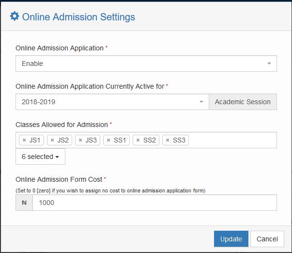 Online admission application settings