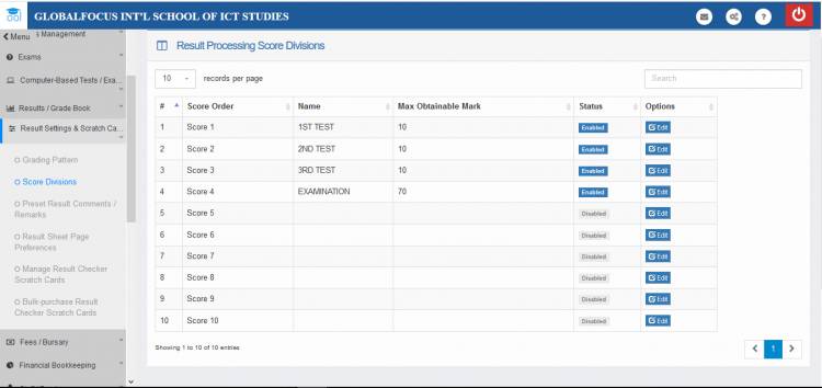 Configuring result score divisions