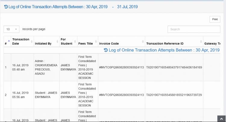 Viewing online fees payment attempts log