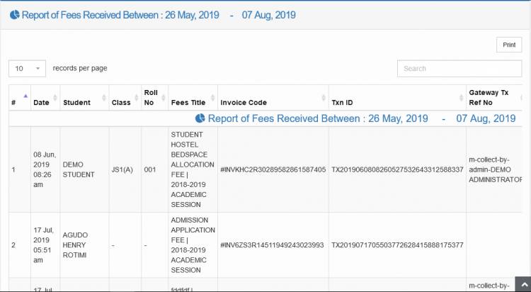 Viewing successfully received fees report